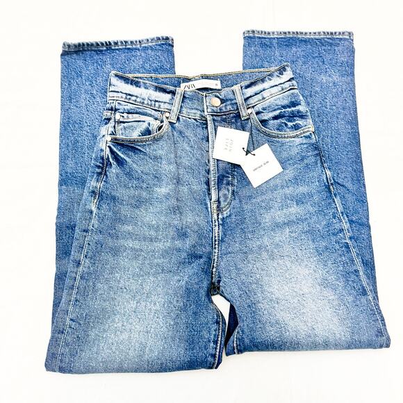 Zara Vintage Slim Denim Jeans Button Fly Size 2 Wide Leg Distressed NWT - Picture 4 of 9